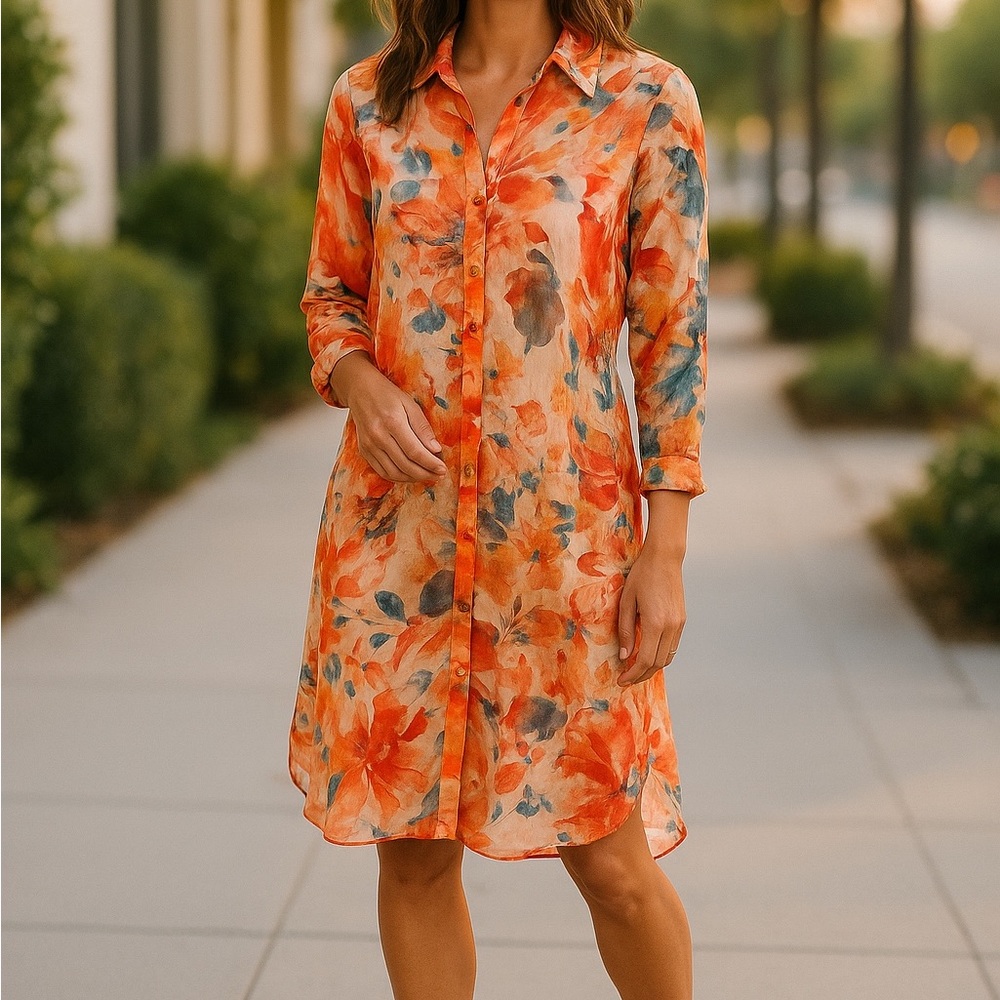 New Directions Orange Green Long Sleeve Shirt Dress NWOT